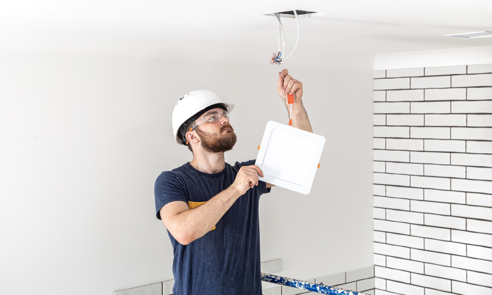electrician-builder-with-beard-worker-white-helmet-work-installation-lamps-height-professional-overalls-with-drill-repair-site